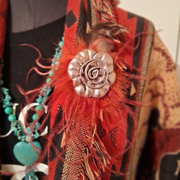 Vintage 90's Black Fringe Concho Jacket M/L - necklace and Rose Feather pin - Picture 5 of 10